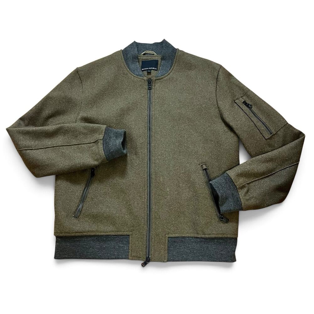 Banana Republic Mario Bellucci Italian Melton Wool Bomber Jacket Mens Sz L Olive